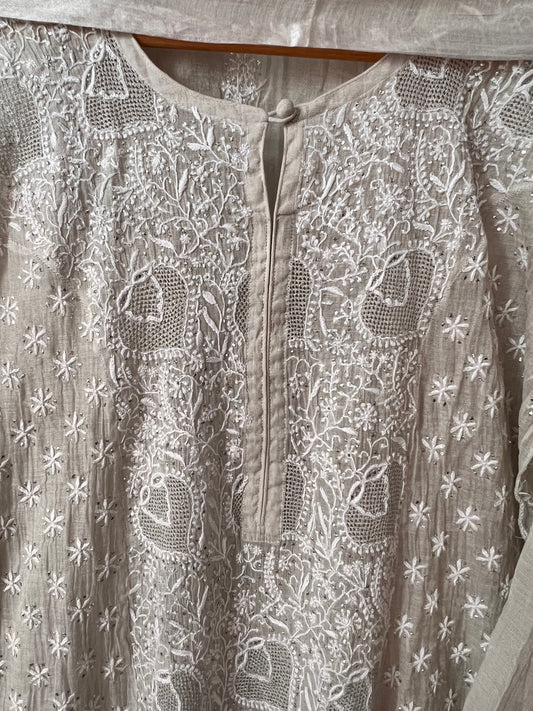 Silver Tissue Chanderi Silk Suit with Chikankari, Kasab Haath Jaali and Mukaish