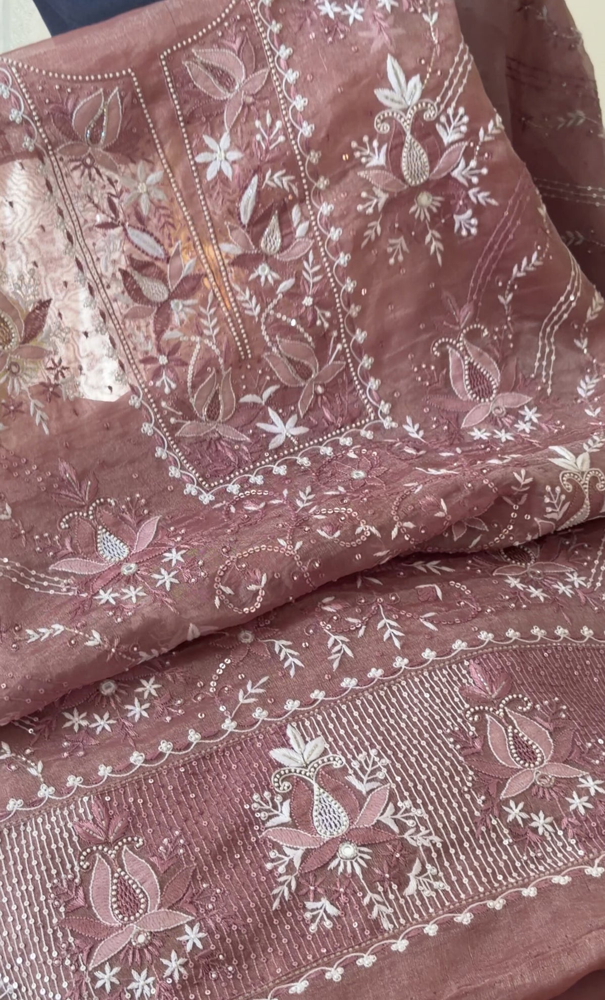 Wine Color Pure Organza Tissue Silk Suit Set with Hand Embroidery