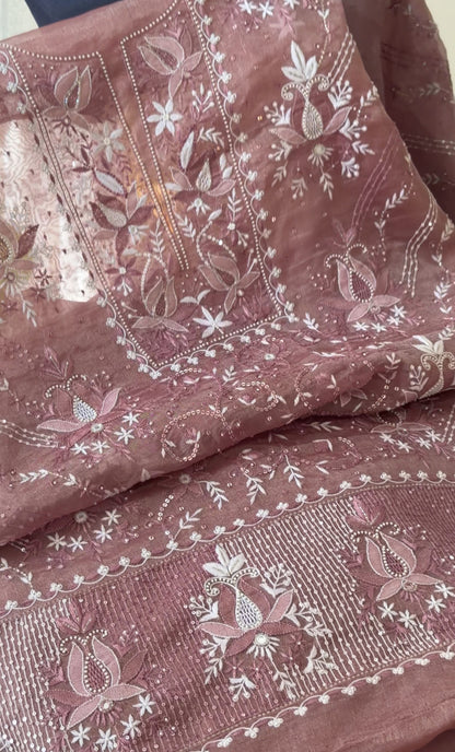 Wine Color Pure Organza Tissue Silk Suit Set with Hand Embroidery