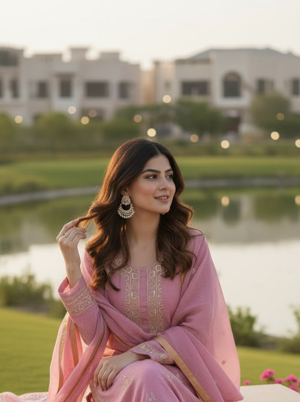Dusty Rose Tissue Chanderi Silk Suit with Chikankari | Crescent Design