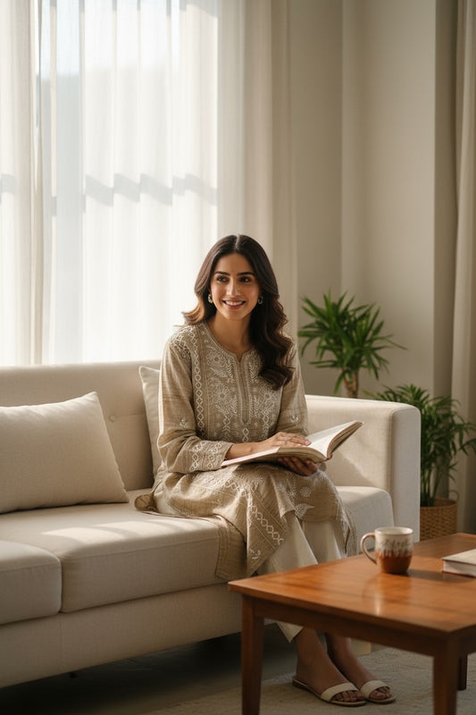 Woman reading a book while wearing a Pure Tussar Silk Chikankari Kurta, sitting on a sofa in a cozy living room.