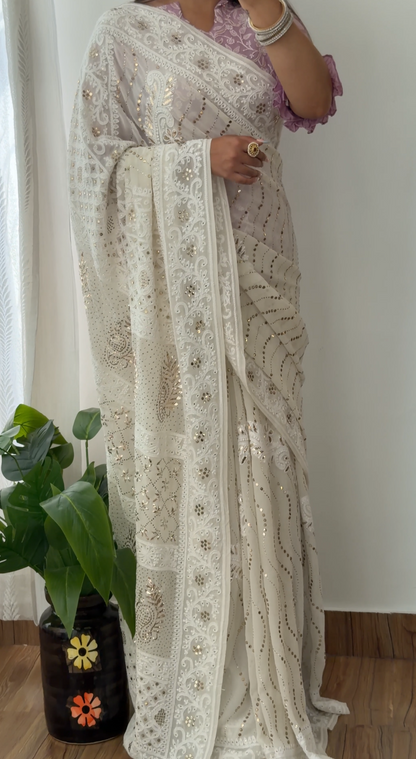 Ivory Hand-Embroidered Chikankari & Handcrafted Mukaish Saree