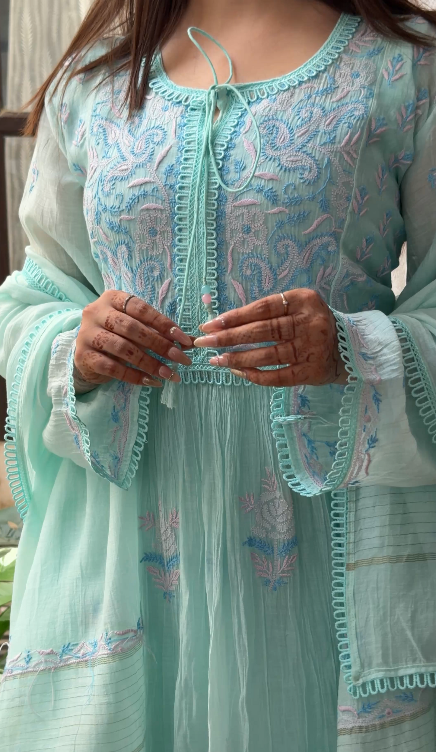 Cool Sea Green Mul Chanderi Kalidar Tunic with Chikankari