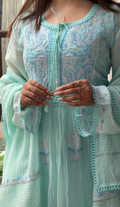 Cool Sea Green Mul Chanderi Kalidar Tunic with Chikankari