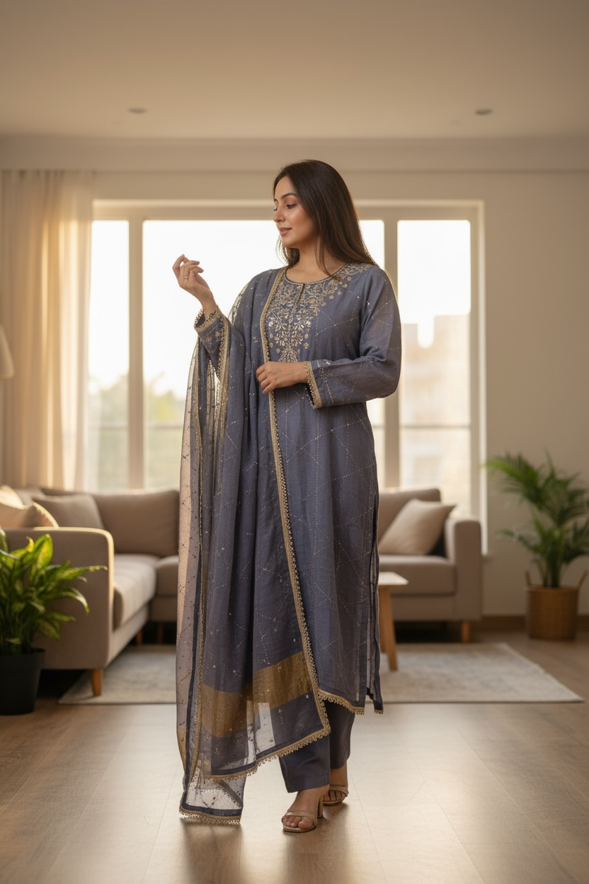 Indigo Blue Pure Tissue Chanderi Mukaish Suit