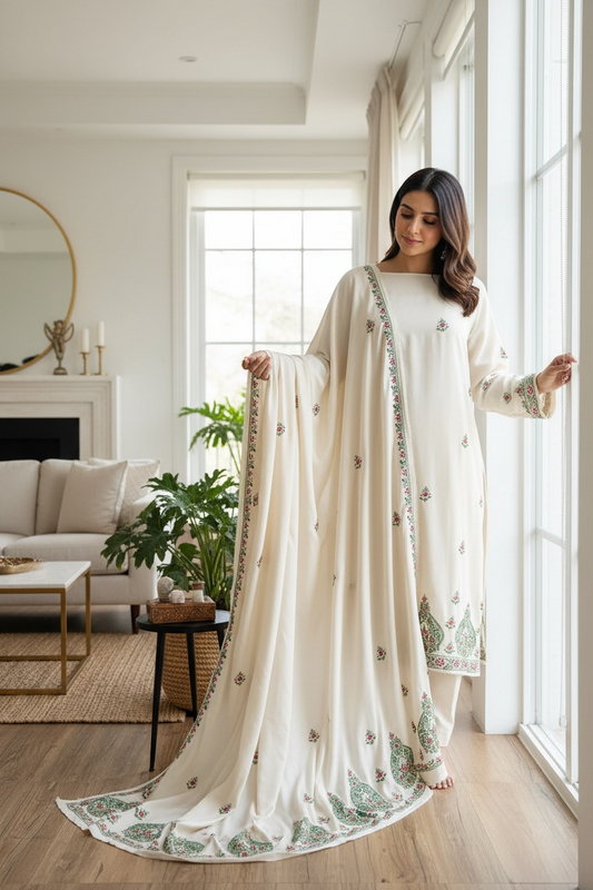 Model showcasing an Off-White Pashmina Suit with Chikankari embroidery in a bright indoor setting.