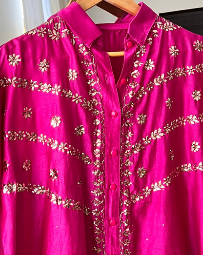 Fuchsia Pure Chanderi Silk Shirt with Mukaish