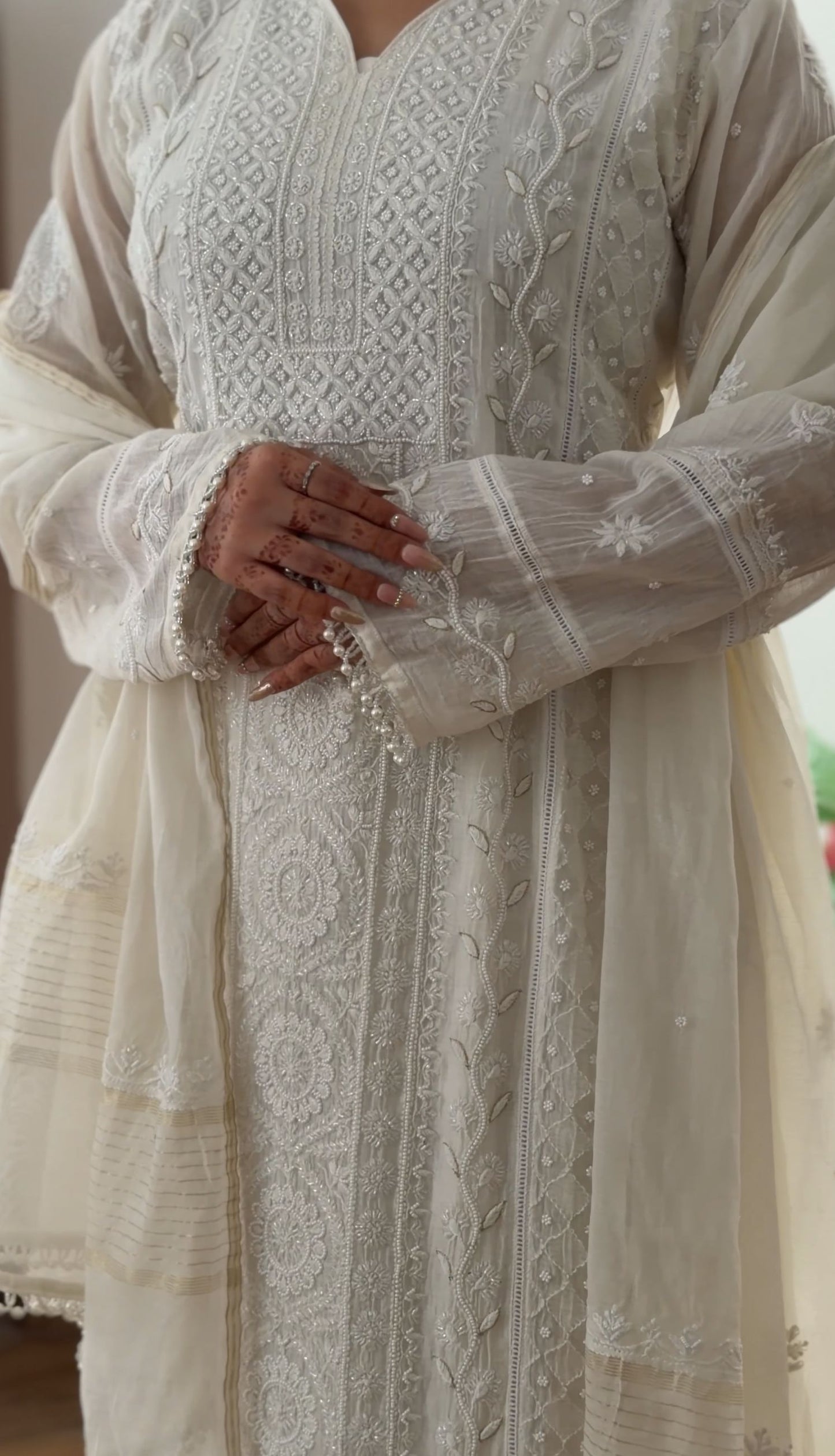 White Mul Chanderi Suit Set with Chikankari and Embellishments