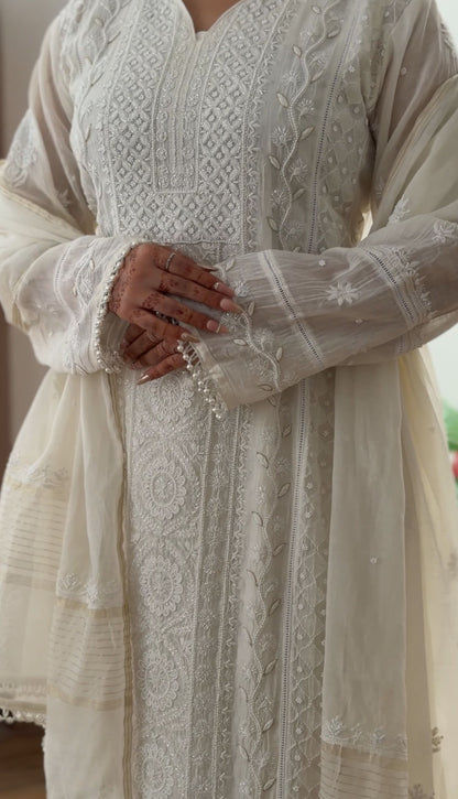 White Mul Chanderi Suit Set with Chikankari and Embellishments