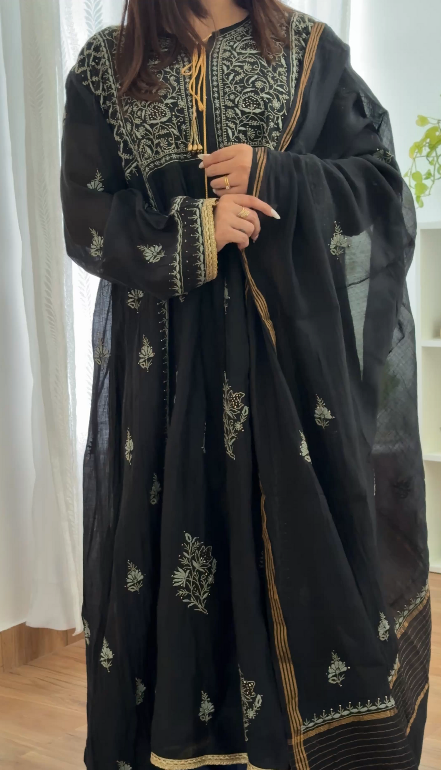 Black Mul Chanderi Peshwaz with Chikankari & Kamdani