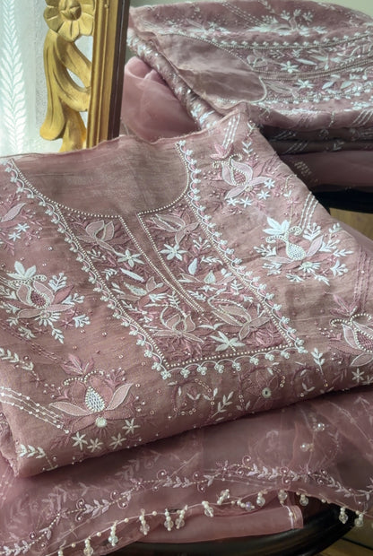 Wine Color Pure Organza Tissue Silk Suit Set with Hand Embroidery