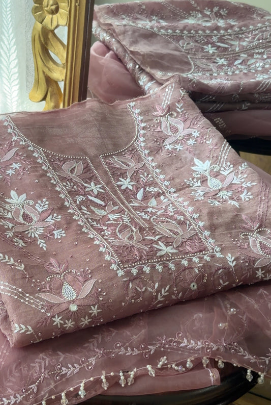 Wine Color Pure Organza Tissue Silk Suit Set with Hand Embroidery