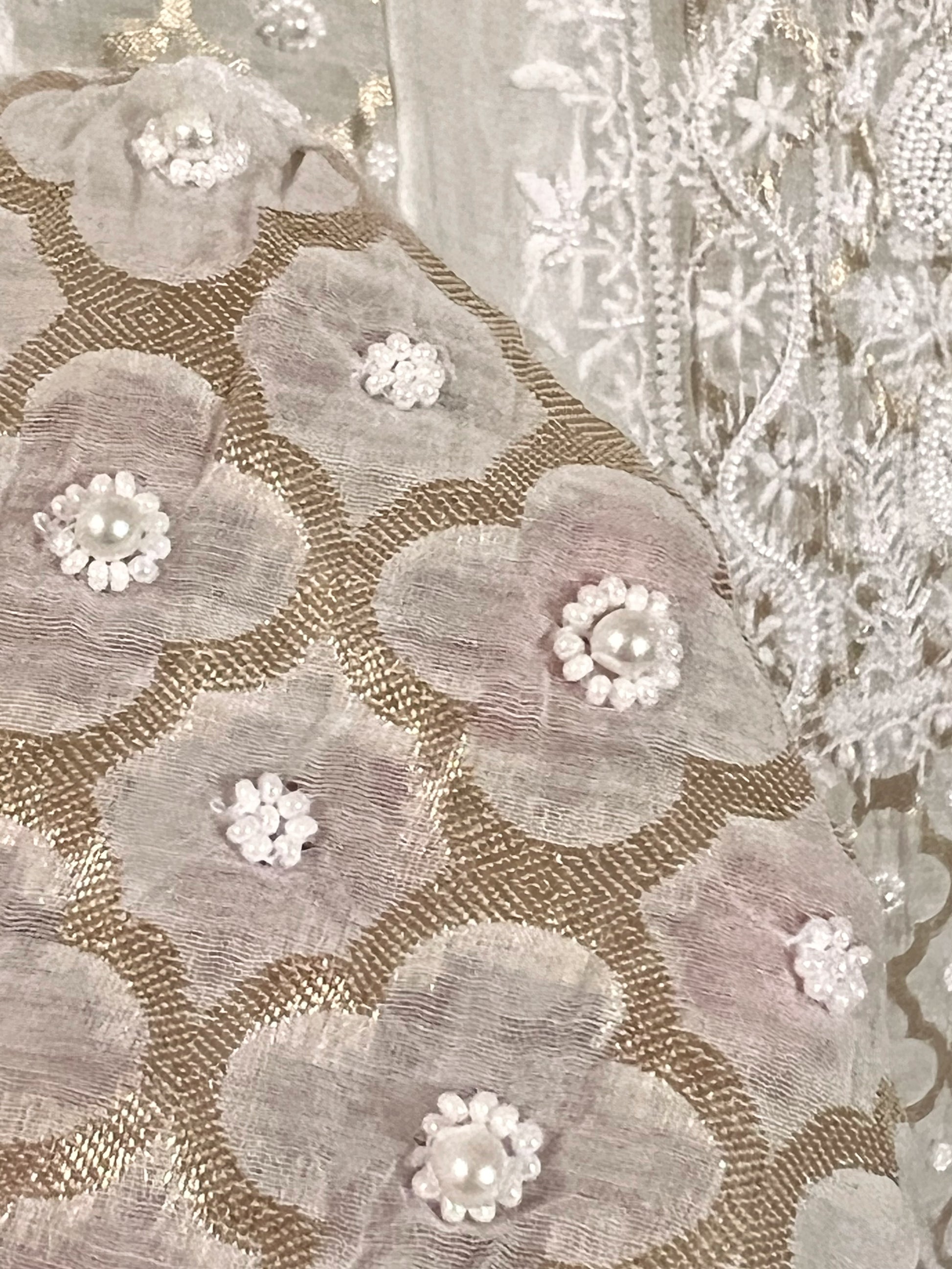Close-up of luxurious embellishments on Mul Chanderi Chikankari kurta set showcasing Zari weave and pearl detailing.
