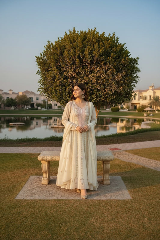 Mul Chanderi Chikankari Anarkali Suit