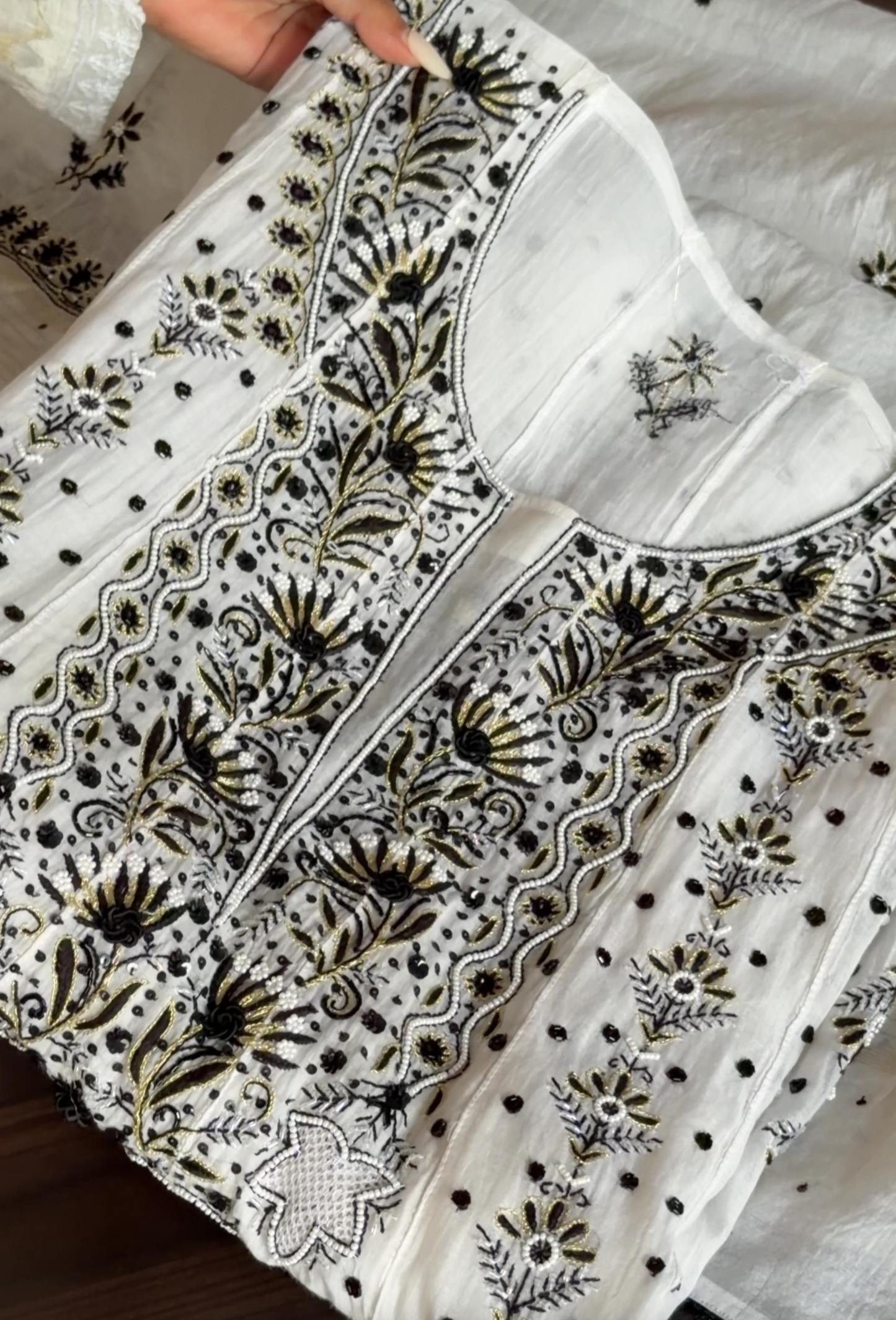 Monochrome Mul Chanderi Anarkali with Chikankari and Embellishments|