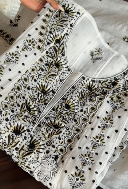 Monochrome Mul Chanderi Anarkali with Chikankari and Embellishments|