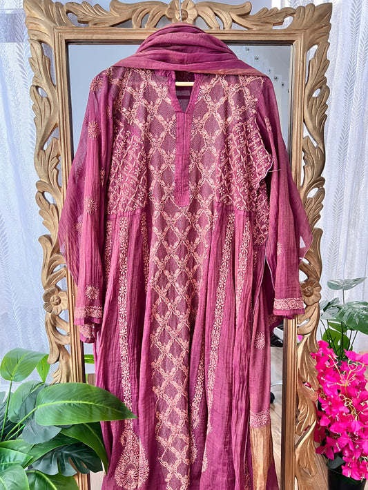 Deep Wine Anarkali with Chikankari, Kasab Haath Jaali and Mukaish