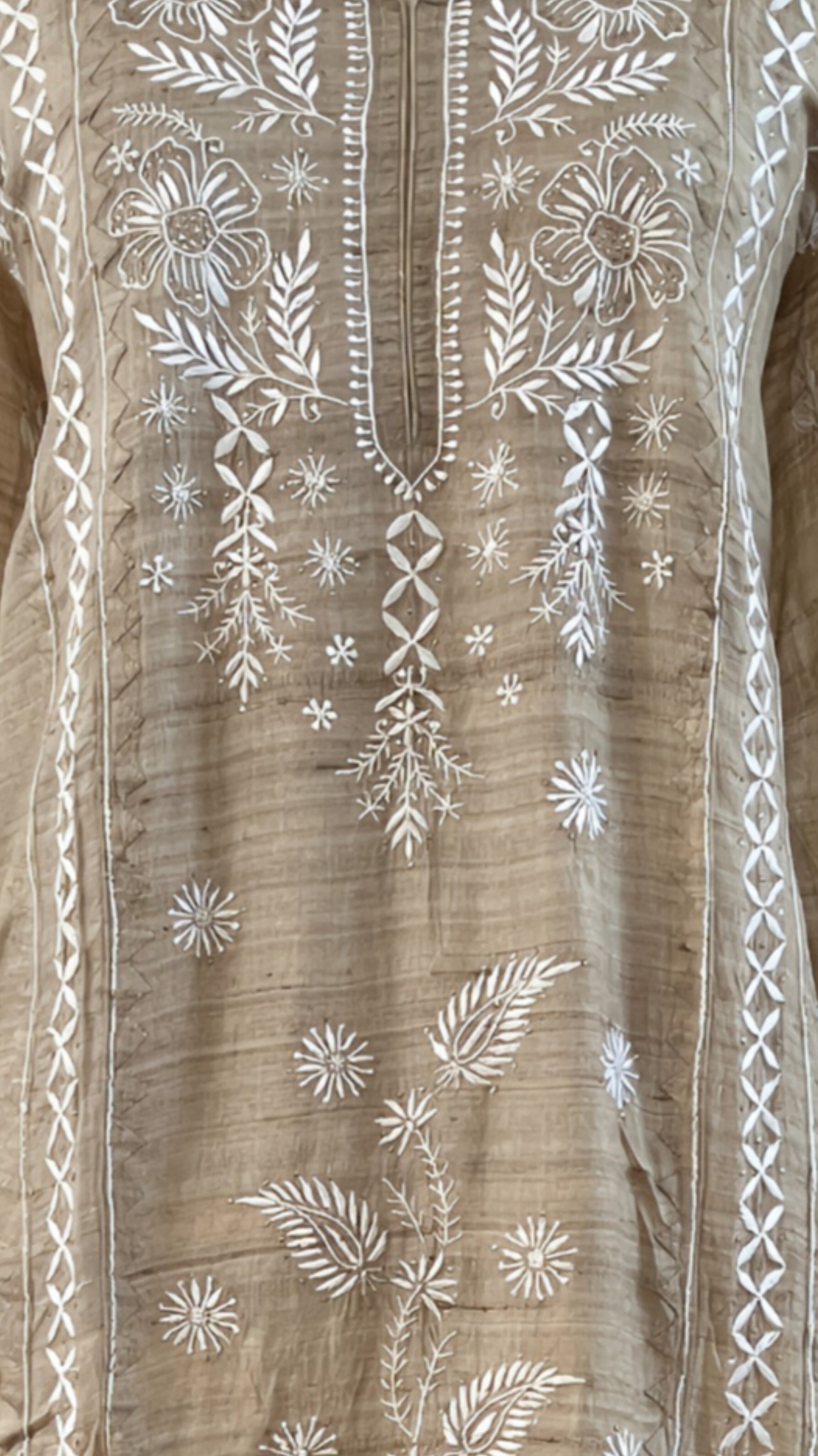 Pure Tussar Silk Chikankari Kurta with intricate hand-embroidery and natural silk texture.