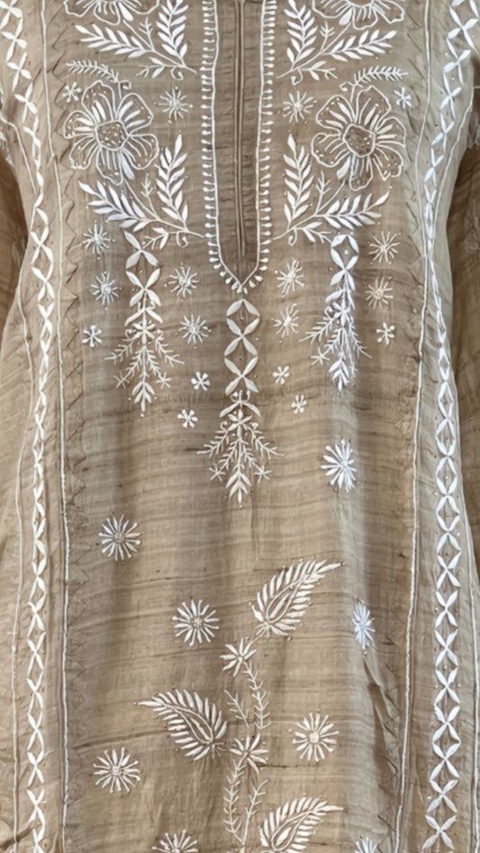 Pure Tussar Silk Chikankari Kurta with intricate hand-embroidery and natural silk texture.