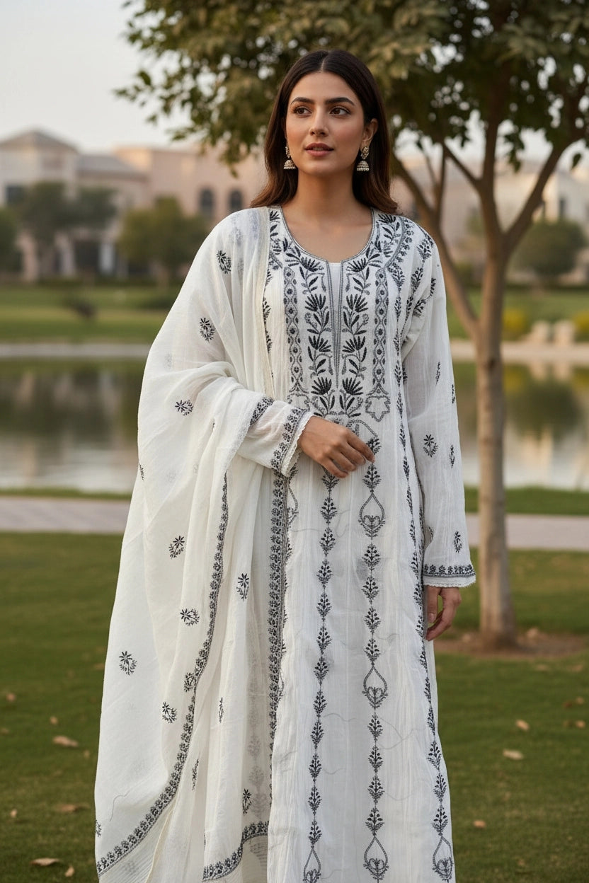 Black and White Mul Chanderi Anarkali
