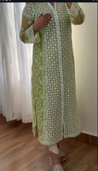 Lime Green Lucknowi Chikankari Suit on Net with Mukaish & Cutwork Applique