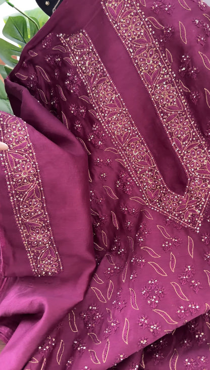 Royal Mulberry Hand-Embroidered Pure Chanderi Silk Suit Set