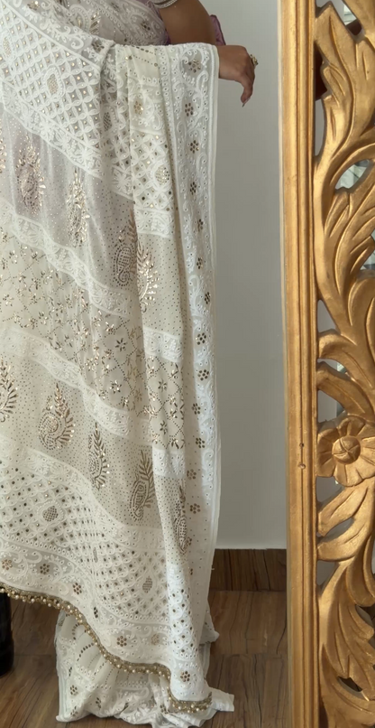 Ivory Hand-Embroidered Chikankari & Handcrafted Mukaish Saree