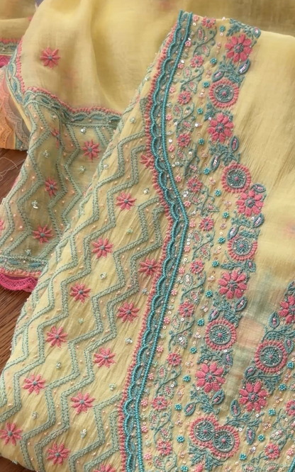 ShaSumz Exclusive: Vibrant Yellow Mul Chanderi Suit with Pastel Chikankari