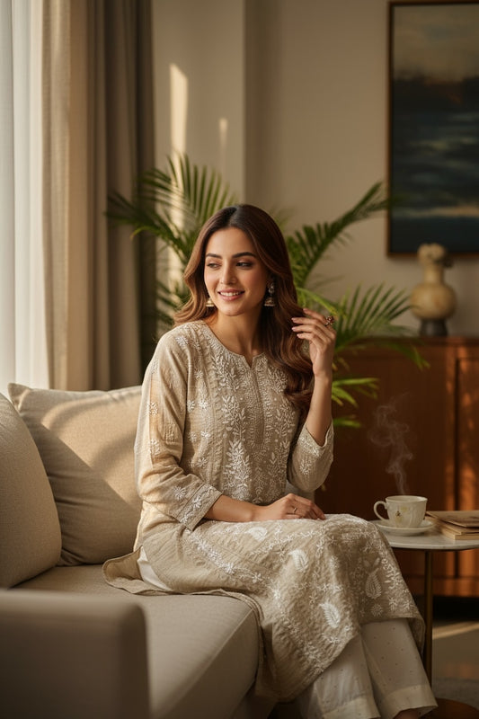 Model wearing a Pure Tussar Silk Chikankari & Mukaish Kurta while sitting on a sofa with a cup of tea.