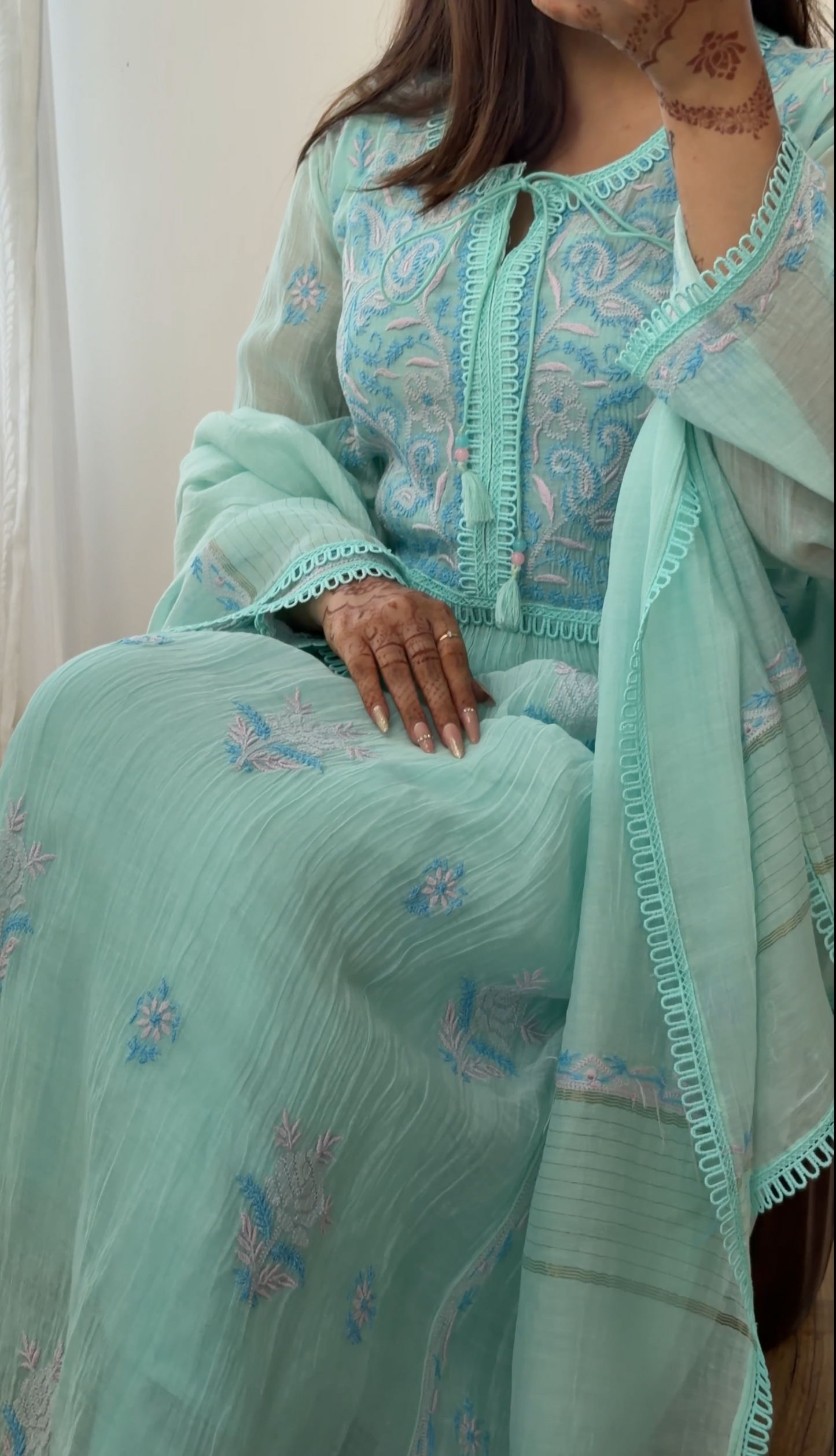 Cool Sea Green Mul Chanderi Kalidar Tunic with Chikankari