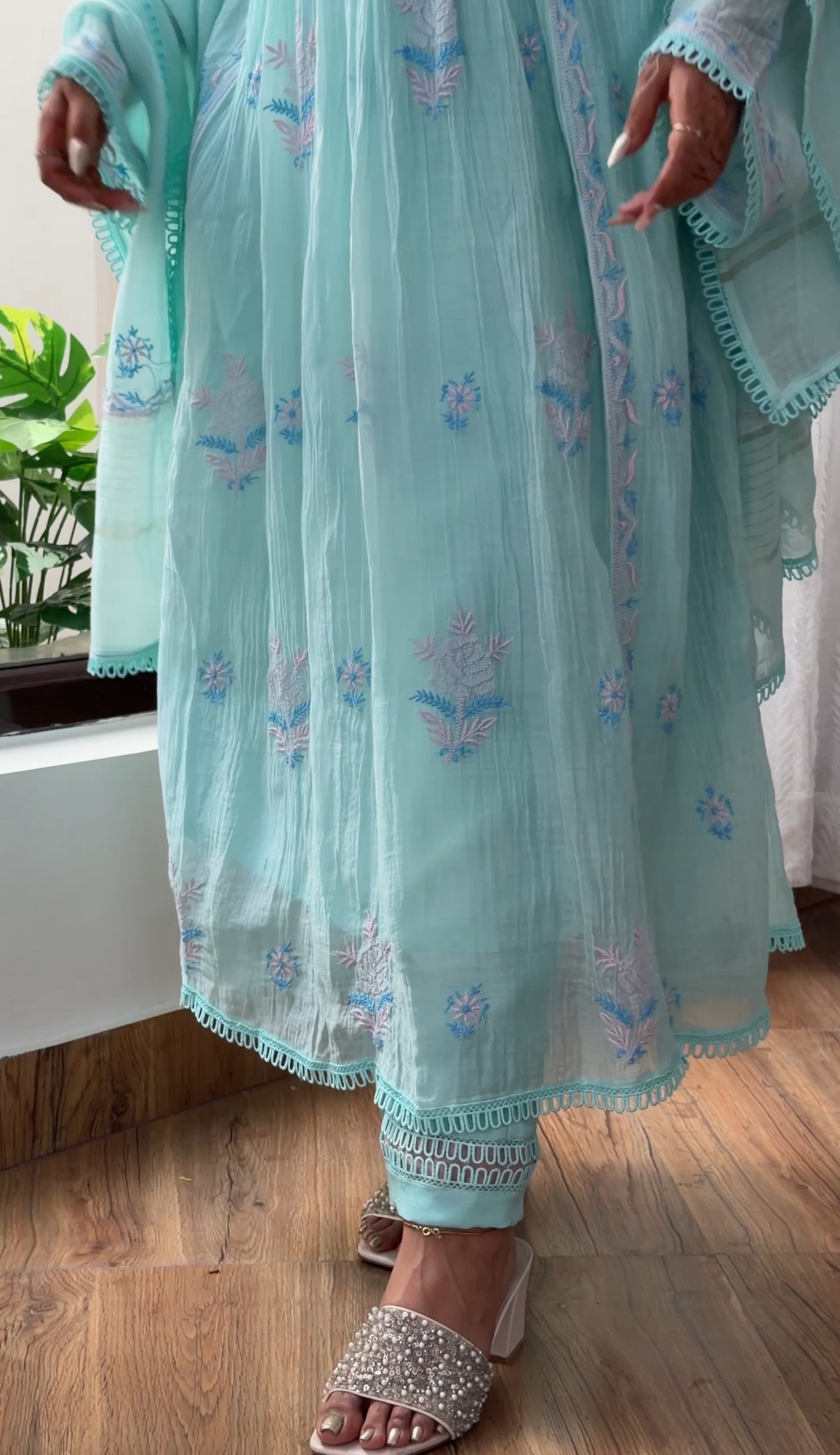 Cool Sea Green Mul Chanderi Kalidar Tunic with Chikankari