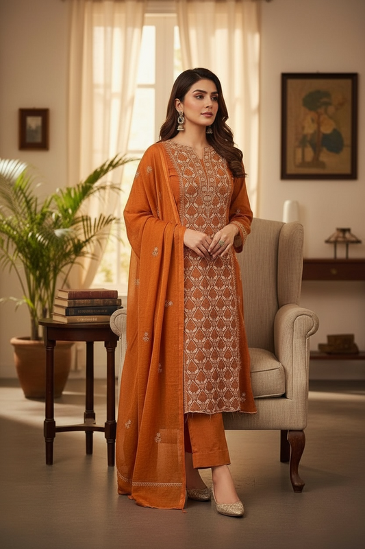 Rust Orange Tissue Chanderi Silk Suit with Chikankari and Haath Jaali