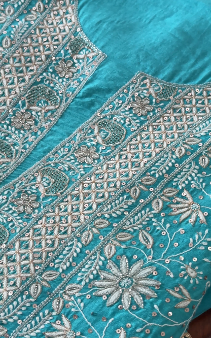 Pure Munga Silk Chikankari with Embellishments | Turquoise Classic