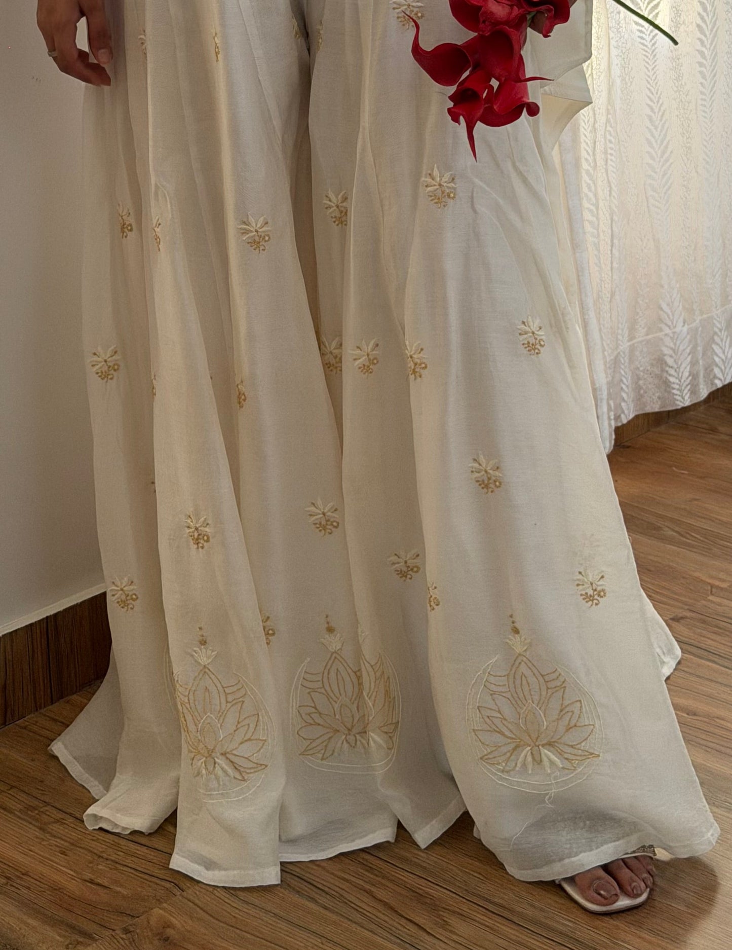 Close up of The Ivory Muse: Pure Chanderi Silk Sharara with Chikankari