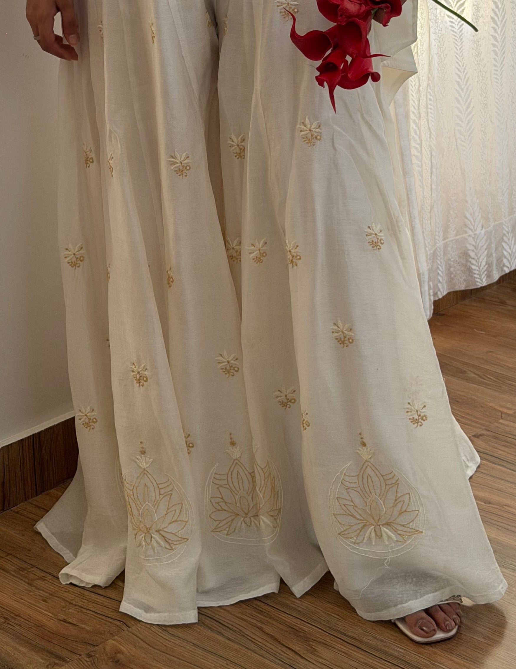 Close up of The Ivory Muse: Pure Chanderi Silk Sharara with Chikankari