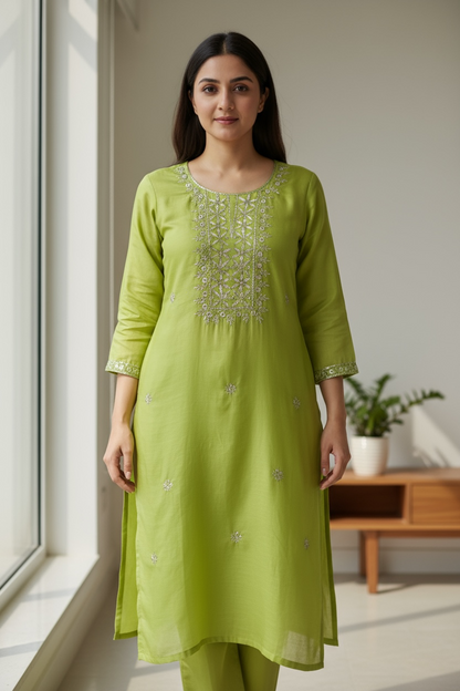 Chanderi Mukaish Kurta - Lime Green