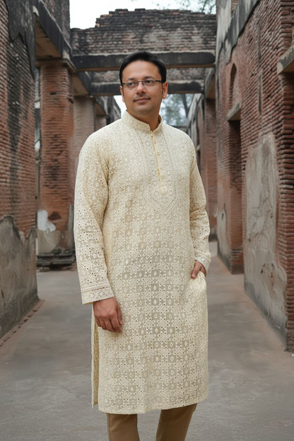Man wearing Ivory Pure Georgette Kurta with Chikankari & Mukaish at The Residency Lucknow 
