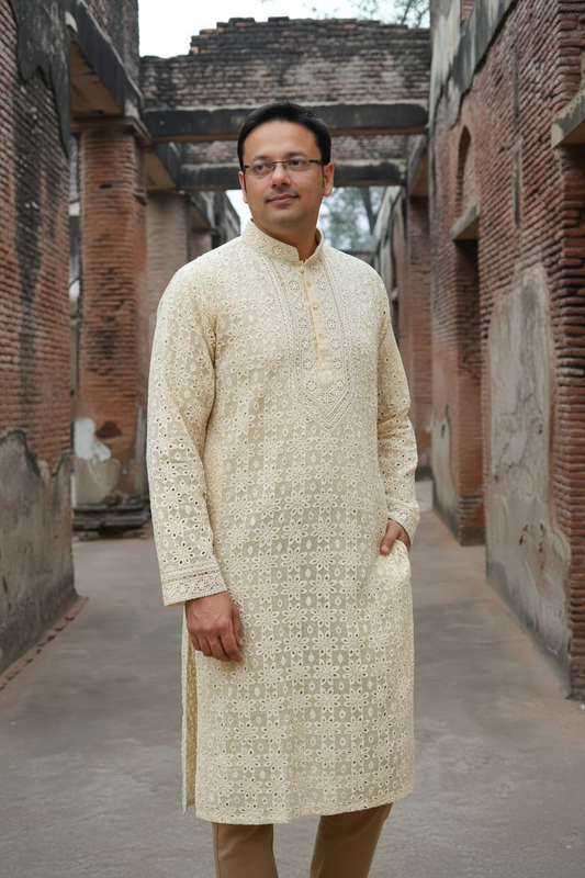 Man wearing Ivory Pure Georgette Kurta with Chikankari & Mukaish at The Residency Lucknow 