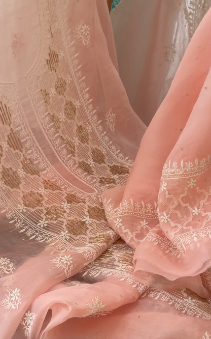 Peachy Pink Pure Organza Silk Suit with Hand-embroidered Chikankari & Sequins