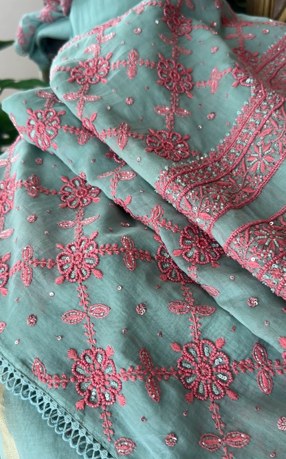 Sea Foam Green Mul Chanderi Suit Set with Chikankari and Embellishments