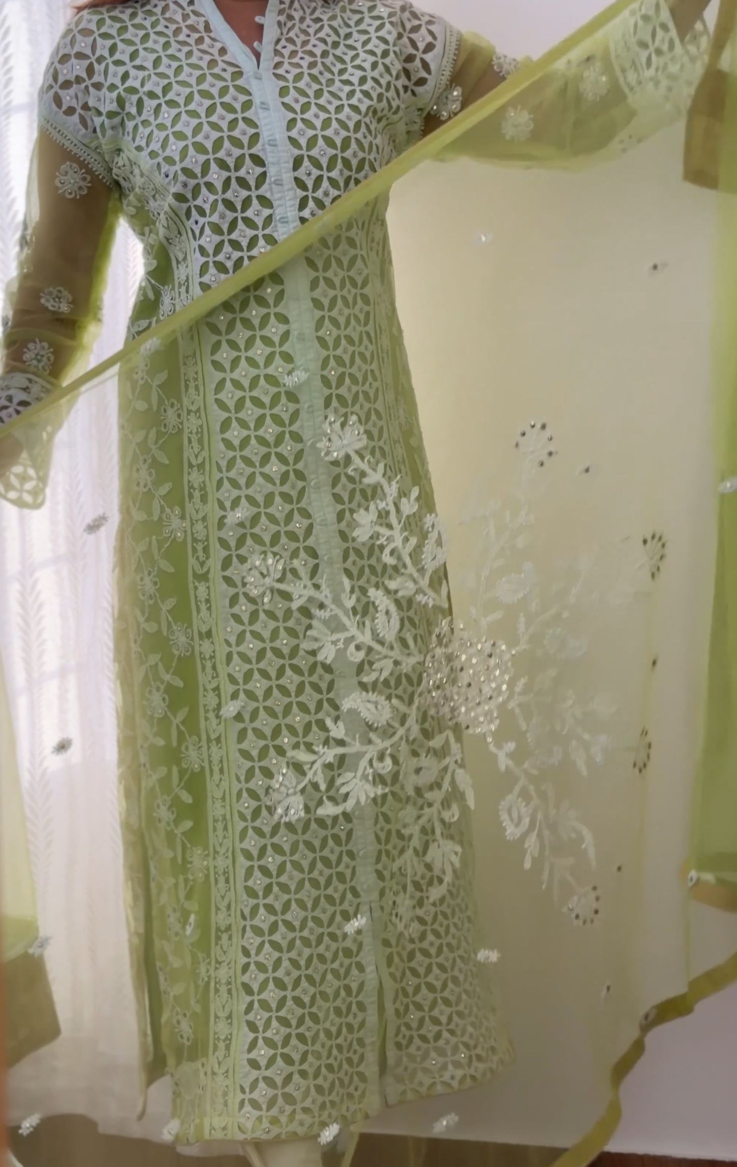 Lime Green Lucknowi Chikankari Suit on Net with Mukaish & Cutwork Applique
