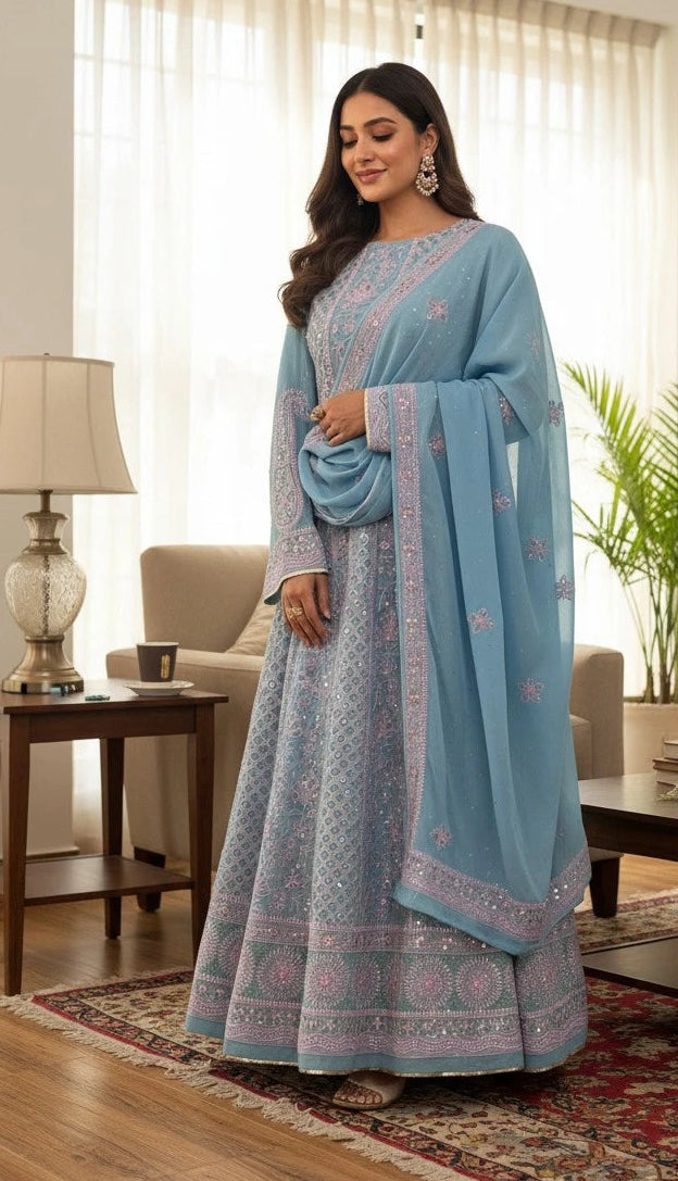 Sky Blue Anarkali with Pink Chikankari & Mukaish– Pure Georgette Elegance
