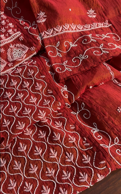 Maroon Tissue Chanderi Silk Suit with Chikankari and Embellishments