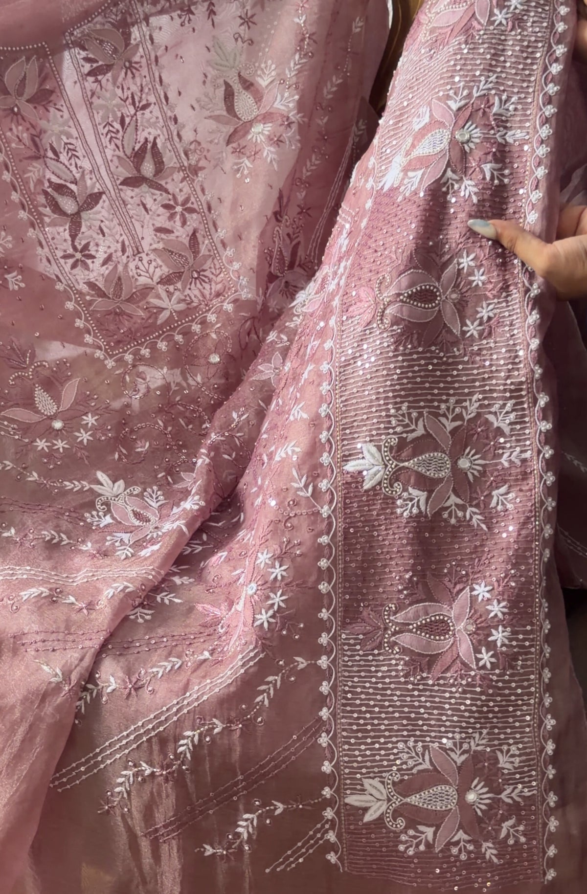 Wine Color Pure Organza Tissue Silk Suit Set with Hand Embroidery