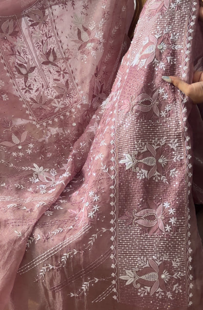 Wine Color Pure Organza Tissue Silk Suit Set with Hand Embroidery