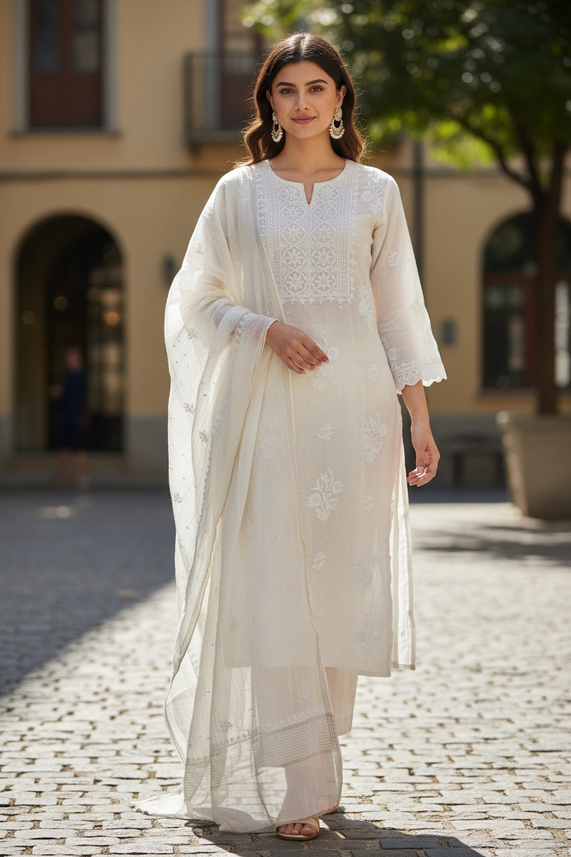 Mul chanderi suit with pearls