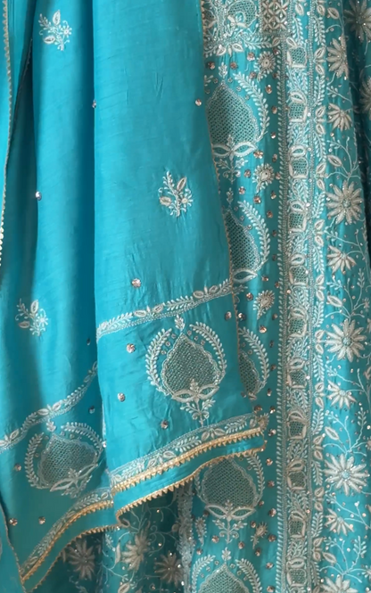 Pure Munga Silk Chikankari with Embellishments | Turquoise Classic