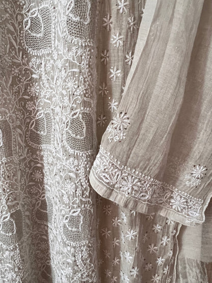 Silver Tissue Chanderi Silk Suit with Chikankari, Kasab Haath Jaali and Mukaish