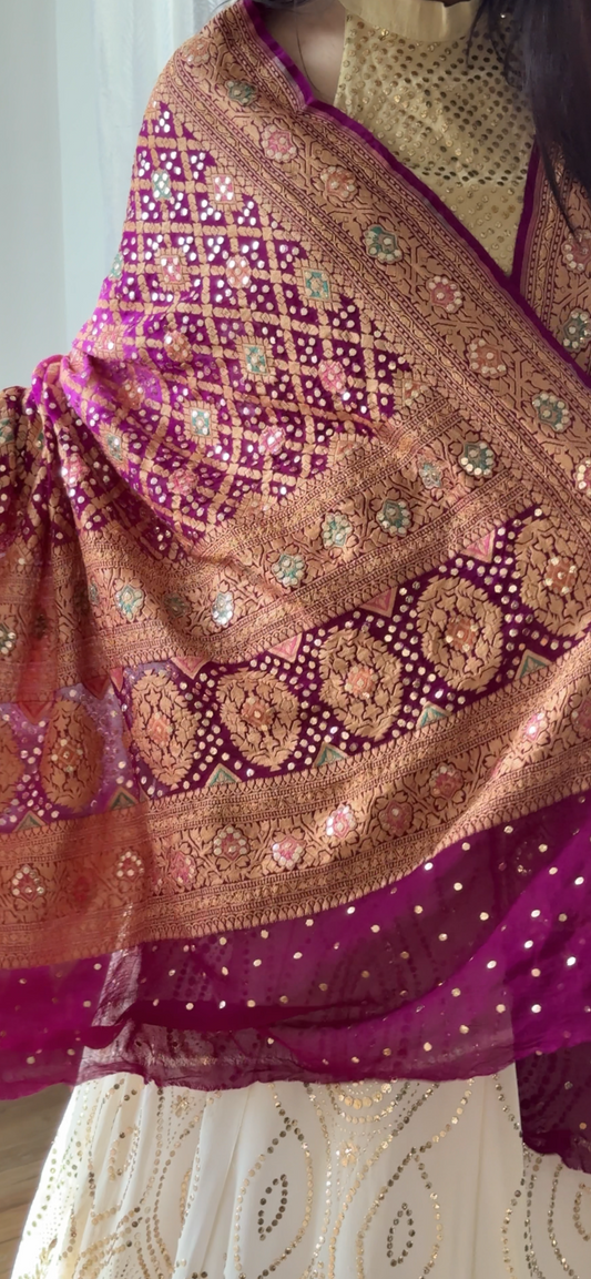 Magenta & Purple Banarasi Bandhej Mukaish Dupatta