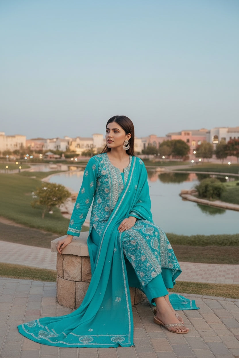 Pure Munga Silk Chikankari with Embellishments | Turquoise Classic